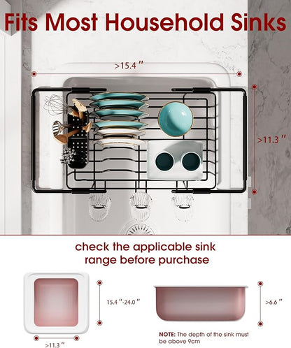 Sakugi Dish Drying Rack in Sink - Expandable Stainless Steel Dish Rack Over The Sink, Kitchen Sink Drain Strainer with Cutlery Holder & Cup Holders, 15.4 x 11.3 x 6.6 Inch, Black - Image 2