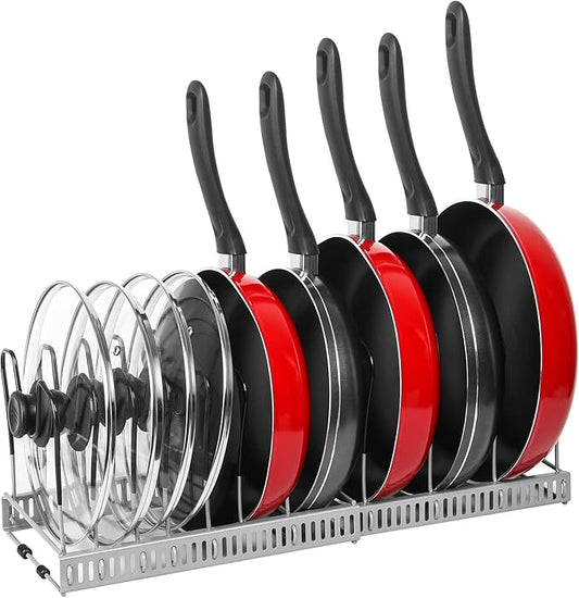 ROOHUA Pot Rack Organizer -Expandable Pot and Pan Organizer for Cabinet,Pot Lid Organizer Holder with 10 Adjustable Compartment for Kitchen Cabinet Cookware Baking Frying Rack Grey by ROOHUA