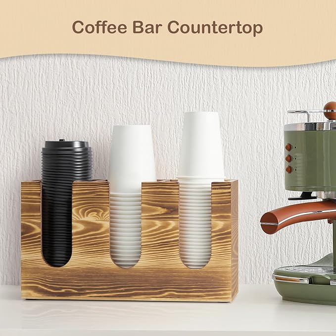 Wooden Coffee Cup and Lid Organizer for Countertop, 3 Compartments Cup Holder Dispenser, Fits 16–24 oz Disposable Cups, Coffee Bar Cup Organizer, Breakroom Kitchen Counter Cup Holder
