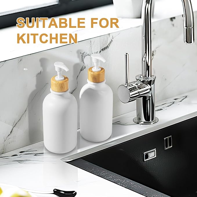 KASUNTING White Soap Dispenser, 2 Pack Plastic Bathroom Hand Soap and Lotion Dispenser Set with Bamboo Pump, 17 Fl Oz Hand and Dish Soap Dispensers Set for Kitchen, Refillable Liquid Soap Bottles - Image 7