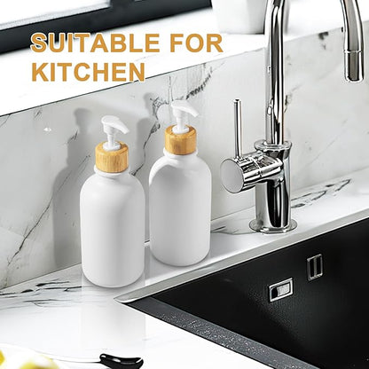 KASUNTING White Soap Dispenser, 2 Pack Plastic Bathroom Hand Soap and Lotion Dispenser Set with Bamboo Pump, 17 Fl Oz Hand and Dish Soap Dispensers Set for Kitchen, Refillable Liquid Soap Bottles - Image 7