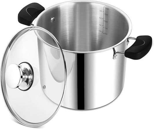 10 Quart 3-Ply Cooking Stock Pot with Lid, P&P CHEF Stainless Steel Large Pot for Pasta Soup, Work on Multi Stove, Heavy Duty & Dishwasher Safe, Dual Heat-resistant Handles & Transparent Glass Lid by PPCHEF