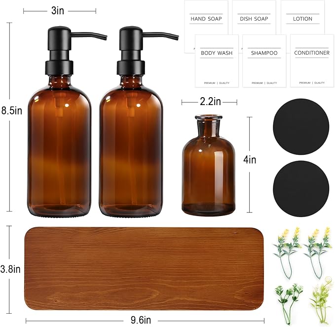 Kitchen Soap Dispenser Set with Wood Riser Tray, Amber Glass Soap Dispenser with Stainless Steel Pump, Hand and Dish Soap Dispenser Set for Kitchen, Soap and Lotion Dispenser Bathroom Decor(Amber) - Image 2