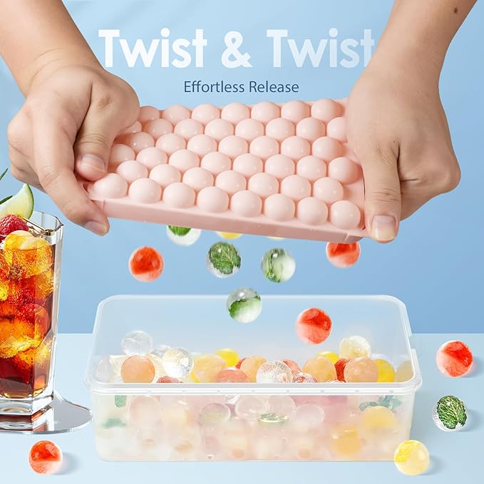 WIBIMEN Ice Cube Tray with Lid and Bin - Round Ice Trays for Freezer with Lid - Ice Cube Trays for Freezer with Ice Container (0.8"-2PACK Pink) - Image 2