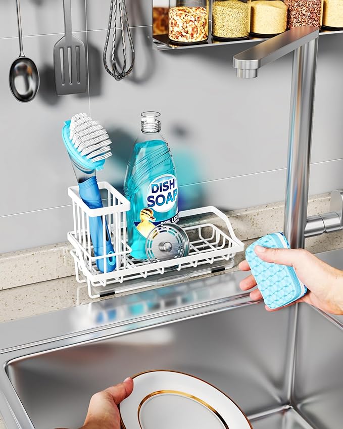 Consumest Sponge Holder for Kitchen Sink - Sink Caddy Organizer with Removable Drip Tray for Countertop Dish Soap Dispenser Brush Storage Kitchen Accessories 304 Stainless Steel, White - Image 6