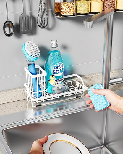 Consumest Sponge Holder for Kitchen Sink - Sink Caddy Organizer with Removable Drip Tray for Countertop Dish Soap Dispenser Brush Storage Kitchen Accessories 304 Stainless Steel, White - Image 6