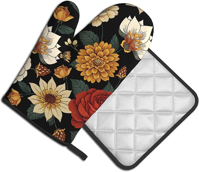Boho Floral Oven Mitts and Pot Holders Sets of 2 Vintage Kitchen Mitts Bohemian Flower Hot Pads for Cooking Baking Grilling - Image 2