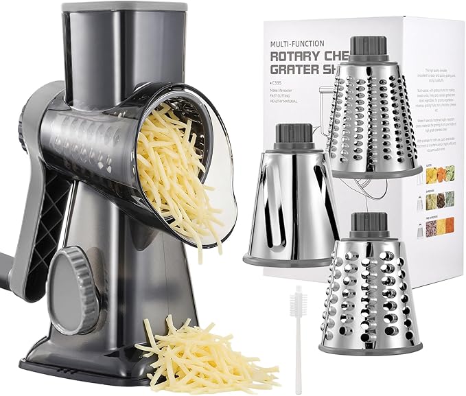 Rotary Cheese Grater Hand Crank with Suction Base, 3-in-1 Cheese Shredder for Cheese, Vegetables & Nuts, Easy to Clean (black) by Unknown