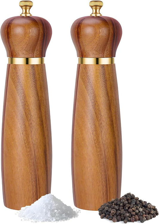 Acacia Wood Salt and Pepper Grinder Set, 8-Inch Manual Pepper Mill Grinder with Adjustable Coarseness, 2 Pack Wooden Salt and Pepper Shakers Set