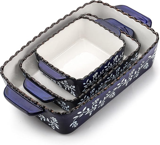 AVLA 3 Pack Ceramic Bakeware Set Porcelain Rectangular Baking Dish Lasagna Pans for Cooking Kitchen Casserole Dishes Cake Dinner 12 x 8.5 x 6 Inches of Baking Pans Banquet and Daily Use Cobalt Blue by AVLA