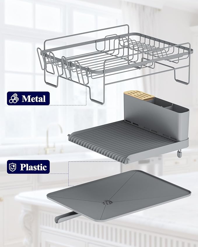 Kitsure Extendable Dish Drying Rack, Large Drying Dish Rack with Cutlery & Cup Holders, Multifunctional Dish Racks for Counter with Drainage, 18.2"-25.7" L x 12.9" W, Grey - Image 4
