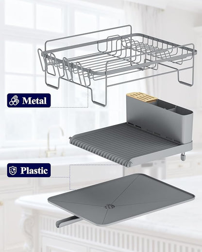Kitsure Extendable Dish Drying Rack, Large Drying Dish Rack with Cutlery & Cup Holders, Multifunctional Dish Racks for Counter with Drainage, 18.2"-25.7" L x 12.9" W, Grey - Image 4