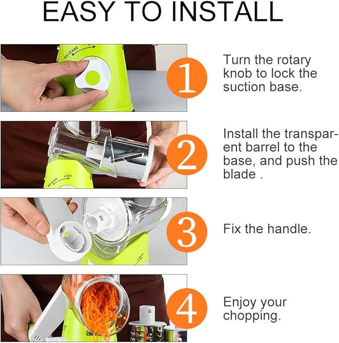 Ourokhome Rotary Cheese Grater Hand Crank, Kitchen Shredder Speed Mandolin Slicer Nut Grinder with Handle and Drum Blades for Cheese, Vegetable, Walnut, Chocolate, Potato, Carrot, 3 Blades, Green - Image 6