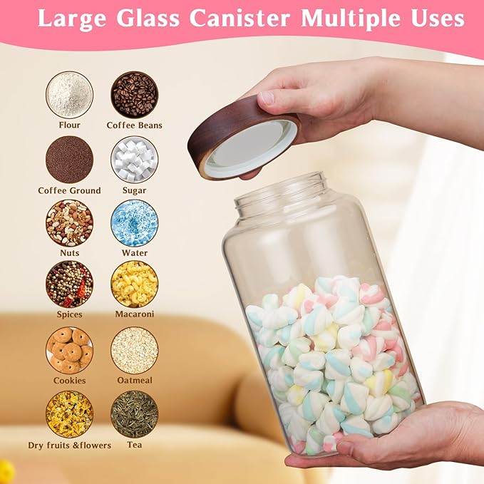 Large Glass Coffee Jars with Spoon,Round Storage Canister with Wooden Lid Clear Glass Food Jar for Pantry Sugar Tea Coffee Bean Spice Nuts Cookies Bath Salts (2300ml/77oz) - Image 3