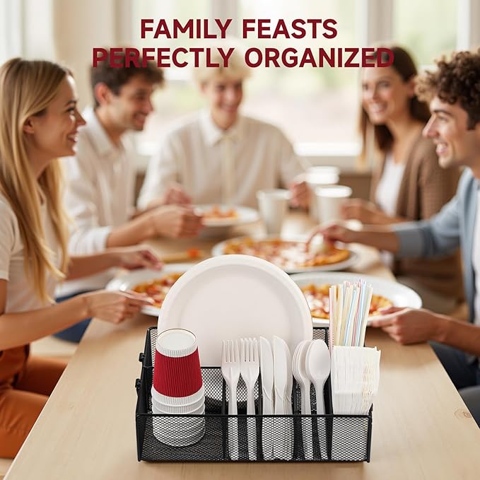 Utensil Caddy with Handle, Metal Paper Plate Holder for Kitchen Counter,Silverware Cutlery Caddy Organizer Flatware Storage for Plastic Spoon Fork Plates Napkins Cup Party Camping Black - Image 3