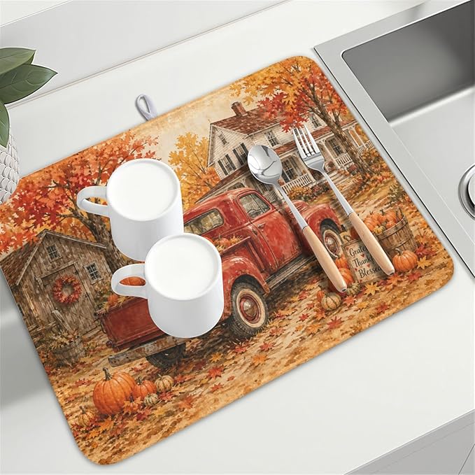 Fall Pumpkin Dish Drying Mat for Kitchen Counter Thanksgiving Autumn Harvest Pattern Microfiber Dish Drainer Mat Vintage Rustic Farmhouse Absorbent Washable Drying Pad 18"x24"