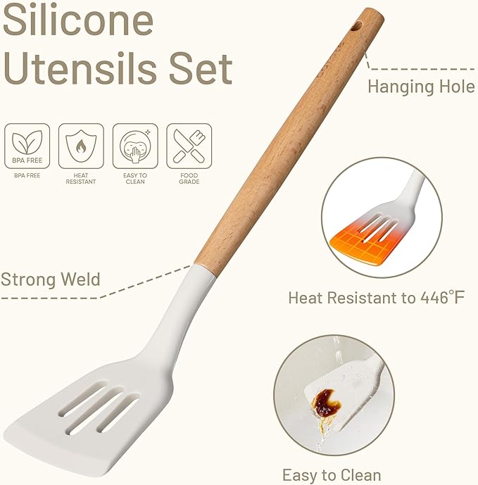 CAROTE Silicone Cooking Utensils Set, Kitchen Utensils Set 10 Pcs for cooking, BPA Free Spatula Set with Heat Resistant Wood Handles for Nonstick Cookware (Cream White) - Image 3