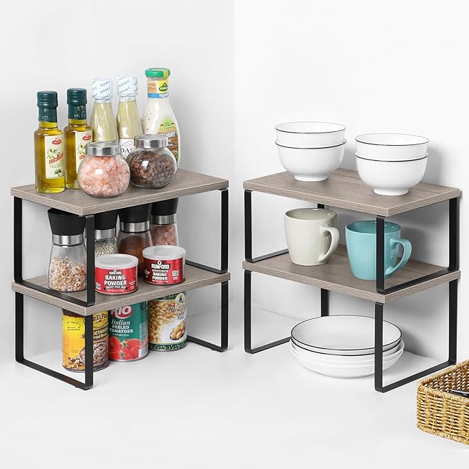 NEX Kitchen Cabinet and Counter Shelf Organizer, Shelf Riser for Pantry Countertop Cupboard Desk Top, Stackable & Expandable, Set of 4, Black and Greige - Image 4