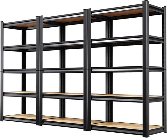 3-Pack 5-Tier Heavy Duty Garage Shelving Units - 71" H x 28" W x 12" D Adjustable Industrial Steel Metal Storage Rack Set for Warehouse, Pantry, Commercial Display & Basement, Black