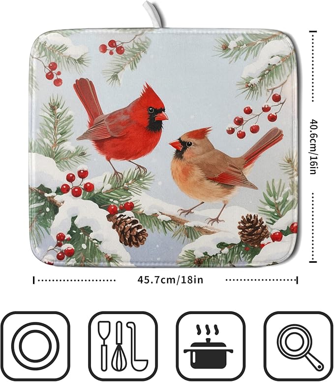 Winter Cardinal Bird Dish Drying Mat for Kitchen Counter 16x18 Christmas Snow Scene Theme Seasonal Absorbent Reversible Microfiber Drying Mats Kitchen Countertop Protector Dishes Drainer Pad - Image 2