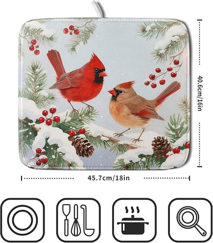 Winter Cardinal Bird Dish Drying Mat for Kitchen Counter 16x18 Christmas Snow Scene Theme Seasonal Absorbent Reversible Microfiber Drying Mats Kitchen Countertop Protector Dishes Drainer Pad - Image 2