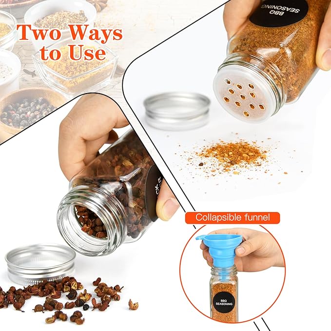 DkOvn 12pcs Glass Spice Jars with Labels, 6oz Empty Spice Jars with Mental Caps, Shaker Lids, Collapsible Funnel, Chalk Pen, Seasoning Organizer for Spice Rack - Image 3