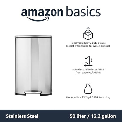Amazon Basics Smudge Resistant Rectangular Trash Can with Soft-Close Lid, Foot Pedal, Removable Inner Bucket, 50 Liter/13.2 Gallon, Brushed Stainless Steel, Satin Nickel Finish - Image 5