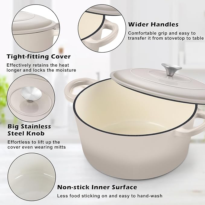 TeamFar Enameled Cast Iron Dutch Oven, 7qt Dutch Oven Pot Nonstick Cookware with Lid & Dual Handles for Bread Baking, Cooking, Oven Safe up to 500℉ & Various Stovetops, Healthy & Heavy Duty - Khaki - Image 3