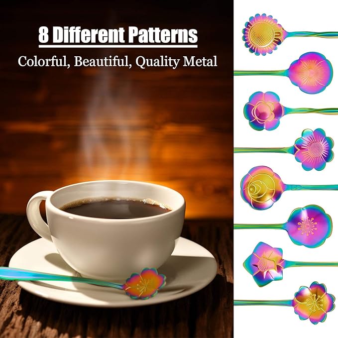 Chengu 8 Pieces Flower Coffee Tea Spoons Stainless Steel Sugar Spoons Tea Party Flower Fancy Tableware Set Stir Bar Creative Stirring Teaspoon, 8 Different Patterns(Rainbow Color) - Image 3