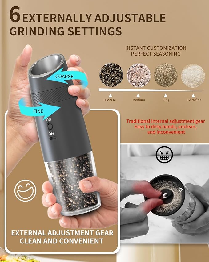 CIRCLE JOY Gravity Electric Salt and Pepper Grinder Set Rechargeable Automatic Pepper and Salt Shakers with LED Light, External Adjustable Coarseness, One-Hand Operation for Salt & Spices - Image 4