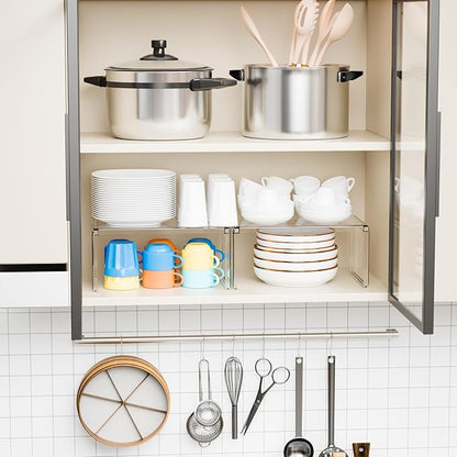 Yieach 2 Pack Acrylic Cabinet Organizer,2 Tier Stackable Shelves for Cabinets,RV Pantry Organization,Counter Space Saver Desk Organizers,Cupboard Shelf and Cabinet Stand & Risers for Mug,Cup,Dish - Image 2