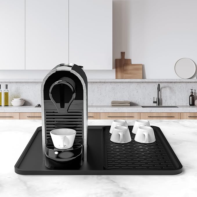 Silicone Coffee Mat,16''x16'' Coffee Bar Mat with Detachable Dish Drying Mat for Kitchen Countertops,Coffee Bar Accessories Fit Under Coffee Maker Coffee Machine Coffee Pot Espresso Machine Dish Rack - Image 2