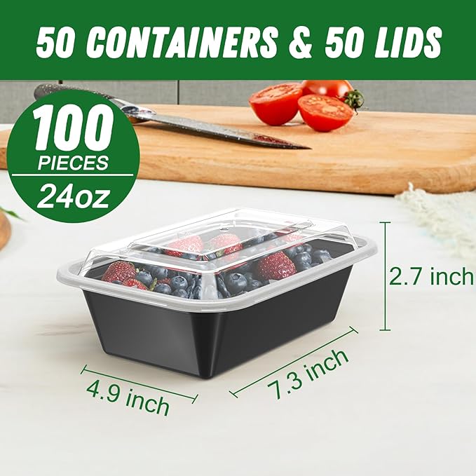 Dealusy 50 Pack (100-Piece) 24 oz Meal Prep Containers Reusable with Lids, Sturdy Leakproof & Food Safe, Microwave, Freezer, Dishwasher Safe Prep Containers, To Go Take Out Plastic Food Storage - Image 2