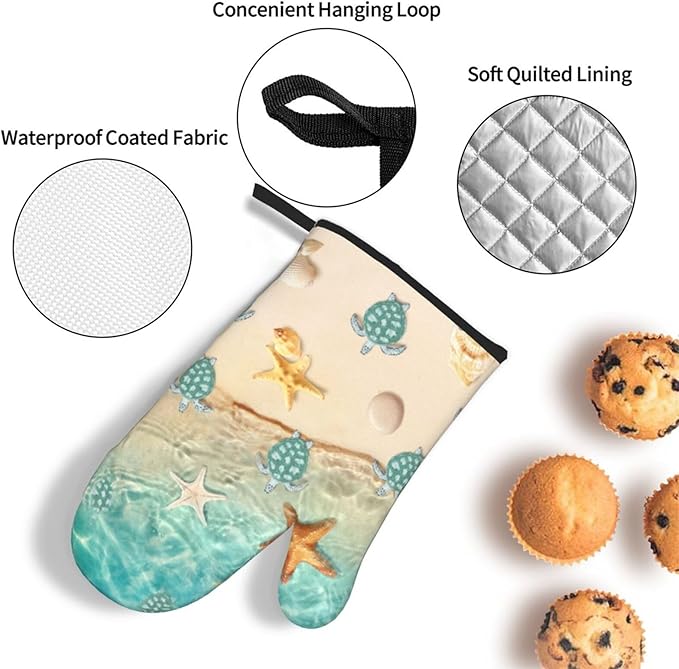 Sea Turtles Beach Oven Mitts and Pot Holders Sets of 3 Nautical Kitchen Decor Heat Resistant Hot Pads Teal Nautical Decorative Oven Gloves for Cooking Grilling Baking - Image 5
