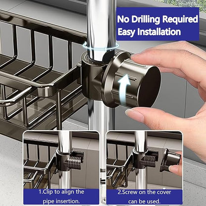 Kitchen Sink Faucet Organizer Multifunction Sponge Holder Organizer Sink Drain Holder Over Faucet Kitchen Sink Caddy with Hook Adjustable for 0.7-1.1inch Round Water Pipe (Black, B)