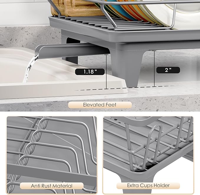 Urackify Dish Drying Rack for Kitchen Counter, Sink Dish Rack with Drainboard 12.2" W x 16.5" L, Large Dish Drainer with Cutlery Holder, Home Countertop Plate Dryer Storage Rack, Gray - Image 6