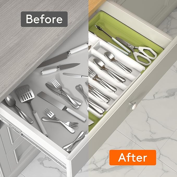 Lifewit Silverware Drawer Organizer, Expandable Utensil Tray for Kitchen, BPA Free Flatware and Cutlery Holder, Adjustable Plastic Storage for Spoons Forks Knives, 13-22 x 15", Green&White - Image 6