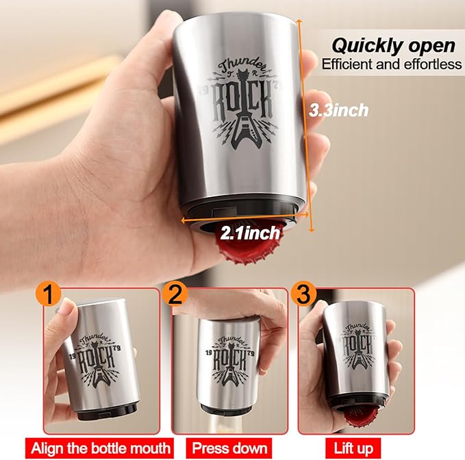 2PCS Automatic Beer Bottle Opener with Magnetic Cap Catcher, Stainless Steel One Handed Lid Opening Spring Loaded Push&Pop for Kitchen Home Bar Restaurant Household Utensils Beer Accessories Gift