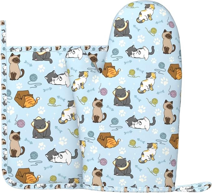 Cute Cat Oven Mitts and Pot Holders Set - Heat Resistant & Non-Slip Silicone Kitchen Gloves for Cooking, Baking, Grilling, BBQ - Fun Kitchen Accessories