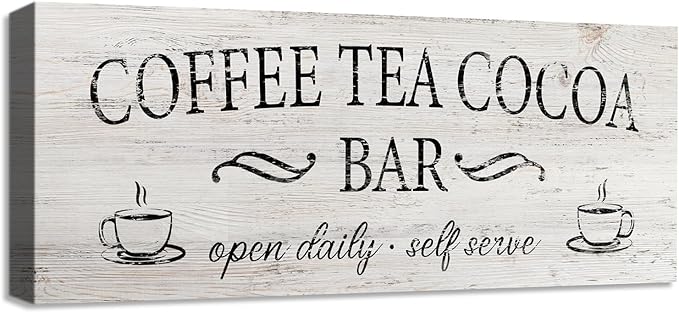 Coffee Tea Cocoa Bar Sign Decor Farmhouse Wall Plaque with Wood Grain Retro Cafe Canvas Prints for Bar Decor Open Daily Self Serve Kitchen Cafe Pub Nook Decoration Accessories 8"x24" by SOOTHAN