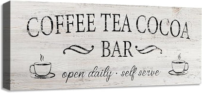 Coffee Tea Cocoa Bar Sign Decor Farmhouse Wall Plaque with Wood Grain Retro Cafe Canvas Prints for Bar Decor Open Daily Self Serve Kitchen Cafe Pub Nook Decoration Accessories 8"x24" by SOOTHAN
