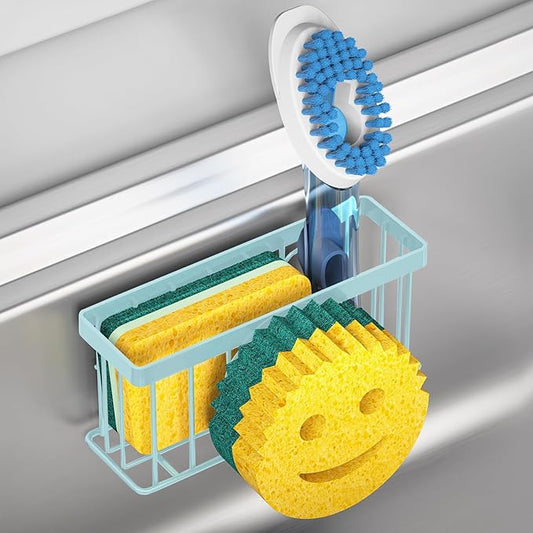 MURLONG Sponge Holder Smiley Face,Sink Caddy for Kitchen Sink,Sponge Holder with 2 PCS Suction Cups/1 PCS Adhesive Strips,Designed for Sponge,Soap,Dish Brush,Scrubber-Blue by MURLONG