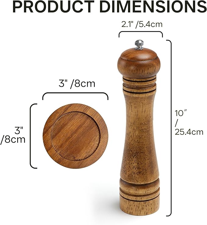 Wood Salt and Pepper Grinder, Salt Grinder and Pepper Mill, Oak Wood Shakers with Adjustable Ceramic Grinders (10″ - 1 Pack with Tray) - Image 3