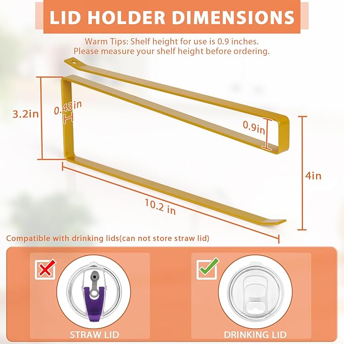 2 Pack Tumbler Lid Organizer, Horizontal Tumbler Lid Storage Hook to Hold Up 20 Lids, Space Saving Cup Lid Holders Under Cabinet Tumbler Lid Hook for Kitchen Organizer, Paper Towel Rack Hanger (Gold) - Image 3