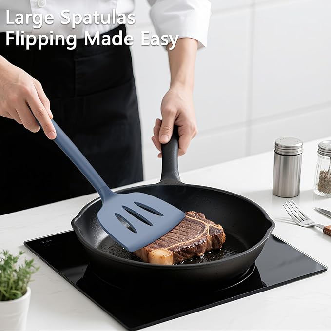 Coukre 3 Pack Silicone Spatula Set, High Heat Resistant, BPA-Free, Fish Spatula, Solid & Slotted Turner for Non-Stick Pans, Flipping Eggs, Pancakes, Fish, Burgers (3, PureDarkBlue) - Image 3