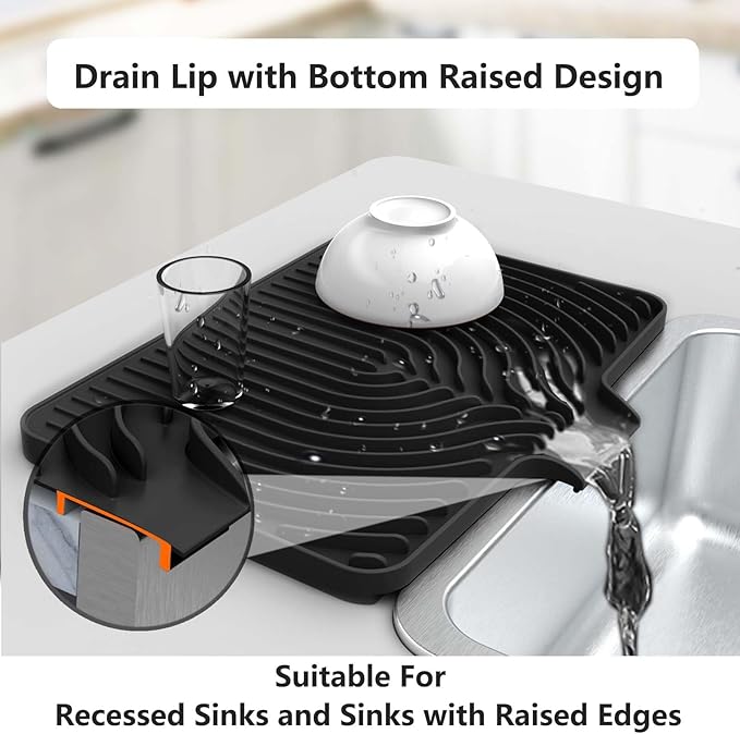 Dish Drying Mat for Kitchen Counter, with Built-in Drain Lip, Food-Grade Silicone, Easy Clean Pad for Countertop Protection, Multi-Functional Use (18 x12 Raised Sink, Black) - Image 3