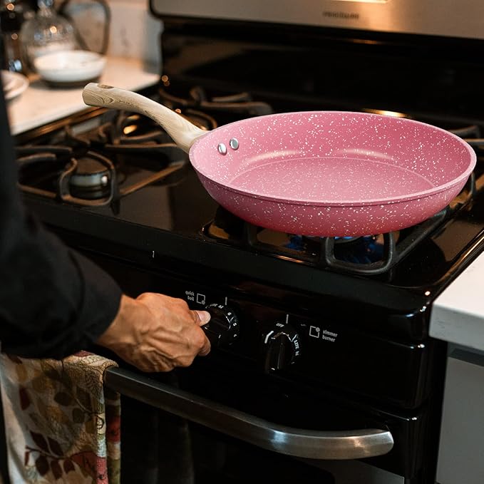 Frying Pan Nonstick, 11 Inch Pink Egg Pan, Non Stick Fry Pan 100% PTFE PFOA-Free Omelet Pan, Toxin-Free Skillets Stone Cookware, Anti-Warp Base with All Stove Tops Available, Induction Compatible - Image 5