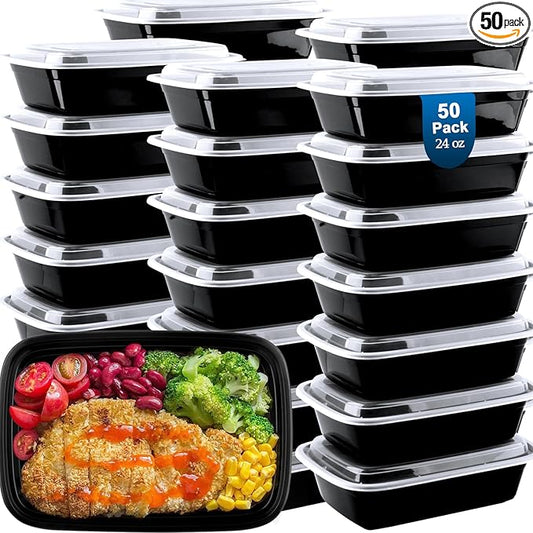 vivigu 50 Pack (100-Piece) Meal Prep Containers 24 oz, Leakproof Plastic Food Storage Containers with Lids, Disposable To Go Food Containers, BPA-Free, Stackable, Microwave, Dishwasher & Freezer Safe