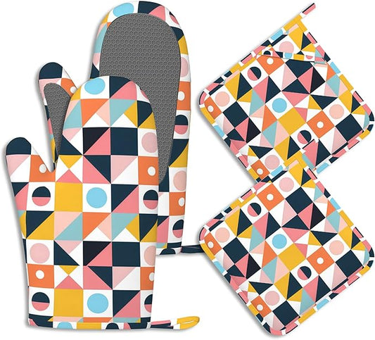Oven Mitts and Pot Holders Sets Abstract Geometric Silicone Kitchen Mits Potholders Colorful Modern Art Heat Resistant 4Pcs Oven Gloves Hot Pads for Baking Cooking BBQ Grilling Home Decor