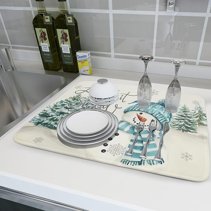 Giwawa Blue Snowman Dish Drying Mat Xmas Trees Bird Winter Snowy Scene Dish Drainer Mats 18"x24" Microfiber Reversible Dish Drying Rack Pad Protector for Kitchen Countertop Decor